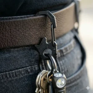 Everyday carry pocket gear layout featuring a titanium key clip alongside a folding knife