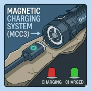 An infographic explaining the MCC3 magnetic charging system used in the olight warrior series.