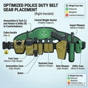 A top-down diagram illustrating the standard gear placement and weight distribution on a tactical police duty belt.