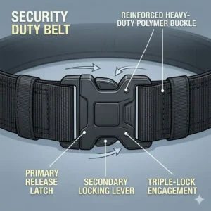 Close-up view of the secure triple-locking buckle system used on a high-quality security officer belt.