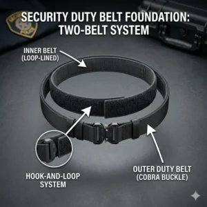 Diagram showing proper weight distribution to prevent back pain in a security duty belt setup.