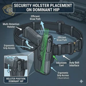 Close-up of the holster and primary tool positioning on a security duty belt setup.