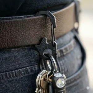Black aluminum carabiner key clip hooked onto the strap of an outdoor backpack