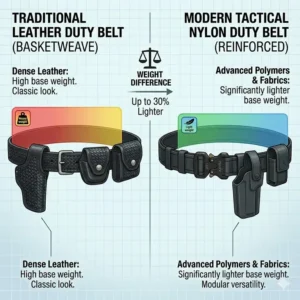 Side-by-side comparison of a heavy-duty nylon police duty belt and a traditional basketweave leather belt.
