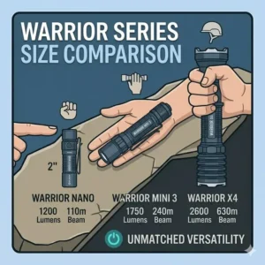 A size comparison chart of different models within the olight warrior family, including Mini, X, and Nano.