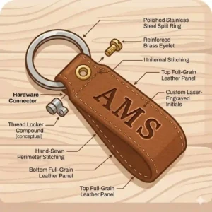 4-A diagram breaks down the different parts of a premium leather key chain.