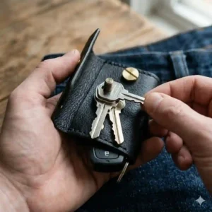 Open view of a leather key holder showing how five standard keys attach securely to the internal locking mechanism.