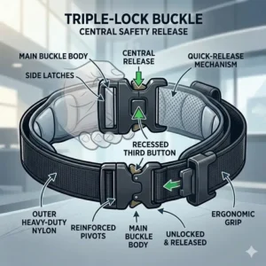 Illustration showing the secure triple-lock buckle mechanism of a belt for security guard.