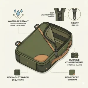 Graphic detailing the durable, water-resistant Cordura fabric and weatherproof zippers used to construct a rugged edc pouch.