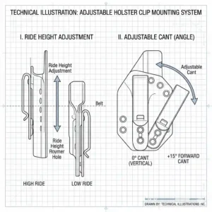 Exploded view of holster clips showing adjustable cant and ride height options.