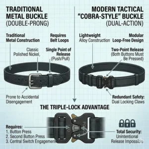 Close-up view of a secure triple-lock buckle system on a professional law enforcement duty belt.