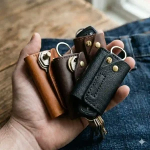 A flat lay display of stylish leather key holders in tan, dark brown, and black color options.