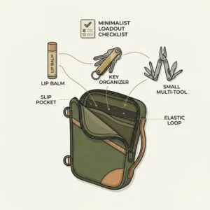 Illustration of a minimalist everyday carry setup with essential gear fitting neatly into a slim edc pouch.