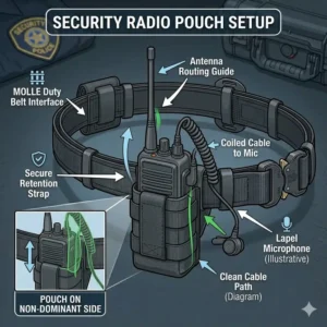 Detailed view of communication gear and radio pouch placement on a security duty belt setup.