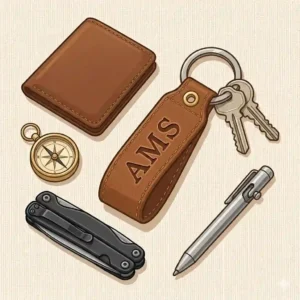 5-A minimalist's everyday carry items featuring a classic leather key chain.