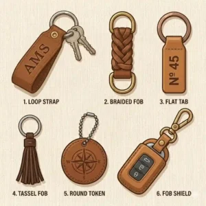 6-A showcase of three distinct leather key chain designs in a row.