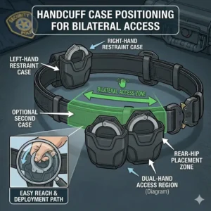 Symmetric positioning of handcuff cases for bilateral access in a security duty belt setup.