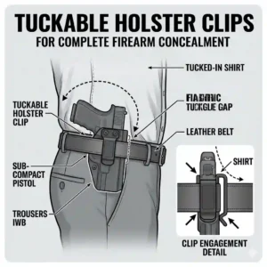 Demonstration of how tuckable holster clips allow for discreet shirt concealment.
