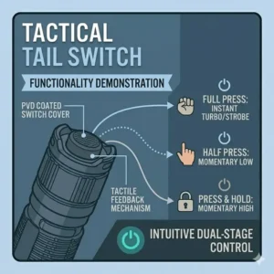 A detailed look at the dual-stage tactical tail switch functionality of the olight warrior.
