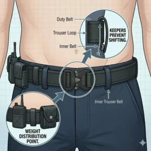 Detailed illustration showing how belt keepers secure a police duty belt to an inner trouser belt for stability.