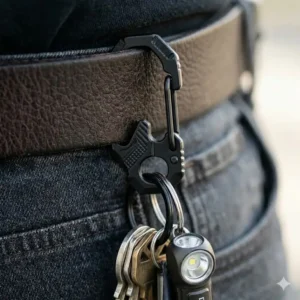 Close-up shot demonstrating the quick-release mechanism of a metal key clip