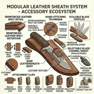 A tactical demonstration of MOLLE compatible systems integrated into modern knife sheaths.