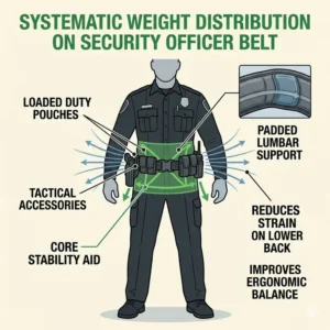Illustration showing proper gear placement for balanced weight distribution on a security officer belt.