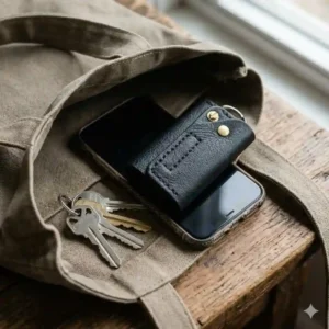 Infographic demonstrating how a leather key holder case protects a smartphone screen from scratch damage inside a bag.
