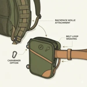 Technical illustration showing how to attach an edc pouch to a backpack using modular MOLLE webbing straps.
