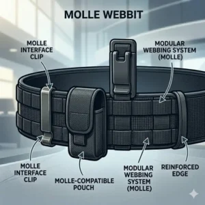 Technical drawing of the modular MOLLE attachment points on a tactical belt for security guard.