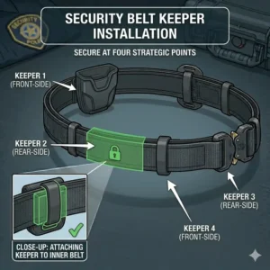 Strategic use of belt keepers to secure and stabilize a security duty belt setup.