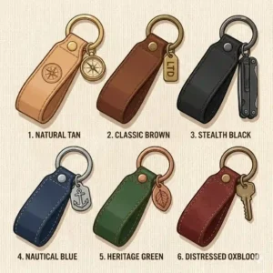 7-A collection of several colored leather key chain options is shown.