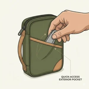 Vector illustration of a hand reaching into the quick-access front slot of an edc pouch to grab a multi-tool.