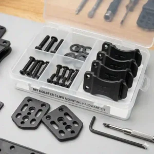 Layout of essential hardware included in a standard holster clips mounting kit.