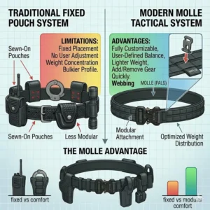 A modern tactical police duty belt featuring a MOLLE system for modular pouch attachments.