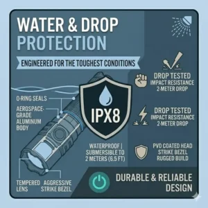 An illustration highlighting the IPX8 waterproof rating and extreme durability of the olight warrior.