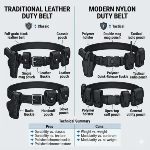 Material comparison between traditional basketweave leather and modern nylon security officer belt options.