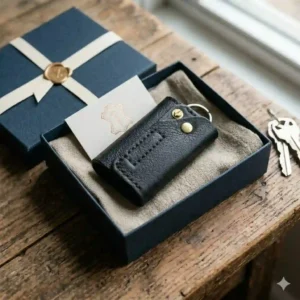 A luxury handmade leather key holder neatly packaged inside an elegant cardboard gift box.