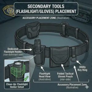 Placement of secondary tools like flashlights and glove pouches on a security duty belt setup.