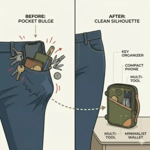 Before and after comparison illustration showing how using an edc pouch fixes bulky, unorganized pants pockets.