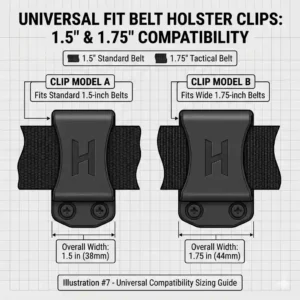 Visual guide comparing holster clips compatibility with standard belt widths.