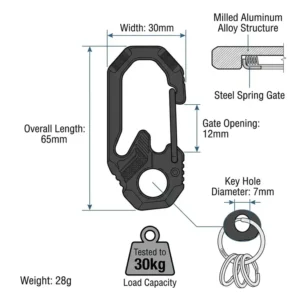 Technical diagram showing the exact dimensions and weight capacity of a compact key clip