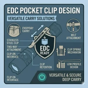 A visual guide to the two-way EDC pocket clip design for the olight warrior flashlight.