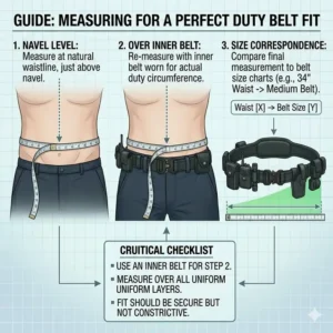 An instructional graphic demonstrating how to measure waist size correctly for a police duty belt fit.