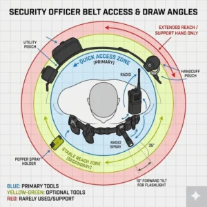 Accessibility chart showing the quick-draw zones for essential equipment on a security officer belt.