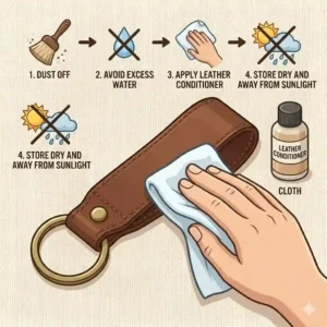 8-An illustrative diagram showing how to care for a leather key chain.