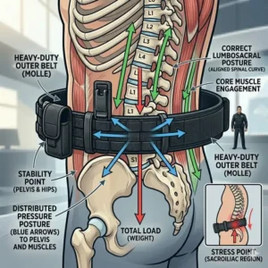 Anatomical diagram showing how a proper belt for security guard distributes weight to protect the back.