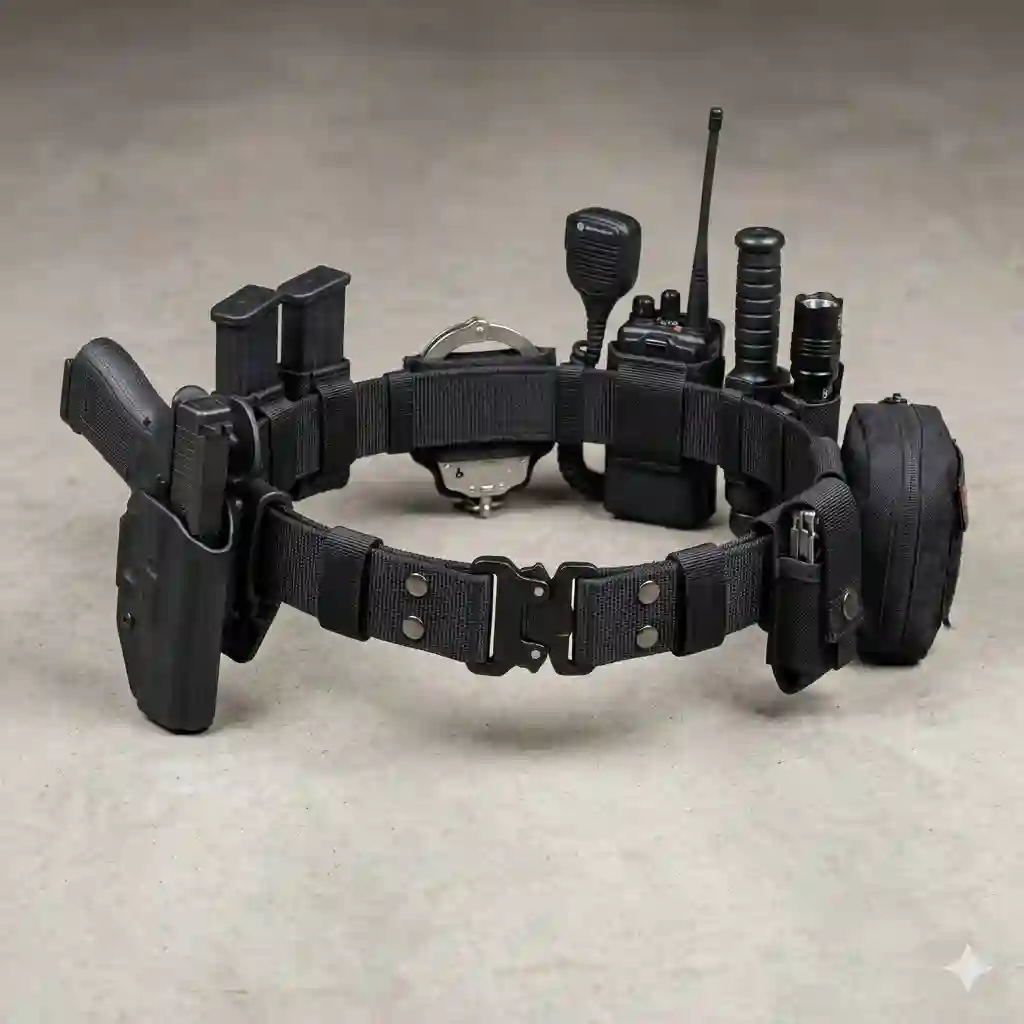 A fully equipped cop duty belt with tactical gear attachments, including a holster, handcuffs, and radio pouch, laid out on a wooden table.