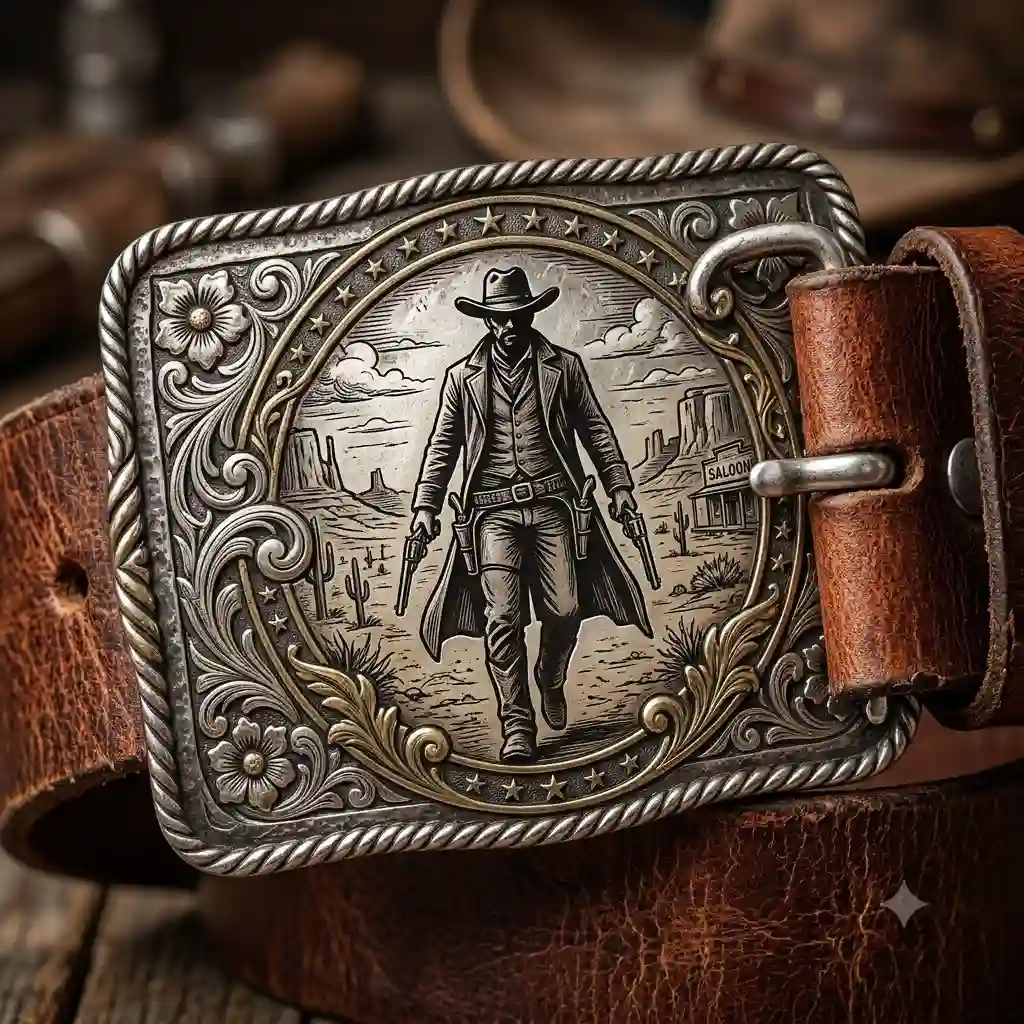 A close-up shot of an intricate silver gunslinger belt buckle on a brown leather strap.