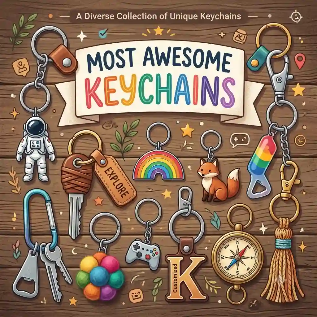 A diverse collection of the most awesome keychains including leather, metal, and custom designs arranged on a wooden surface.